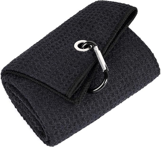 Mile High Life Microfiber Golf Towel, 21" X 24", Waffle Pattern w Clip, Super Absorbent Tri-fold Large Towels, Golf Bag Accessories for Men & Women（Black）