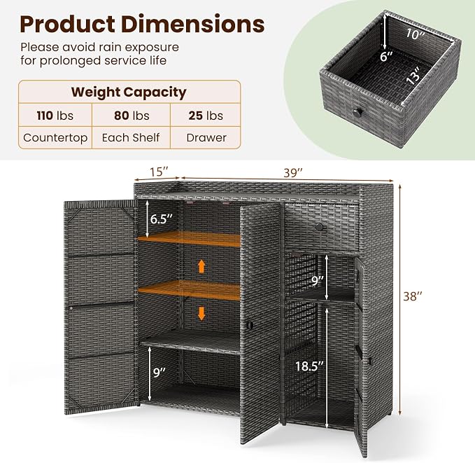 Tangkula Rattan Outdoor Storage Cabinet, Patiojoy Outdoor Cabinet - Image 6
