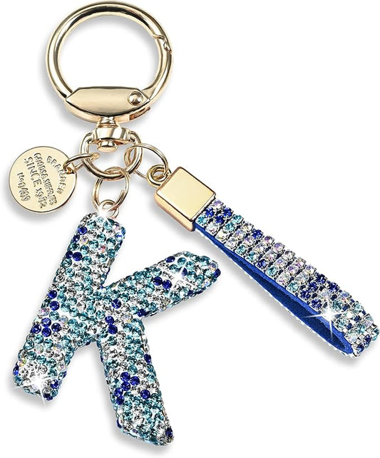 Pink Blue White Initial Letter Keychain Gift for Women Girls Bling Sparkly Cute Backpack Car Key Accessories Lanyard