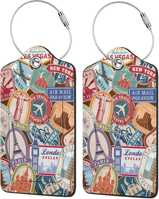 2 Pack Luggage Tags for Suitcases Travel Stamp Luggage Tag Leather Stainless Steel Loop Label Tag for Women Girl Travel Bag Suitcase