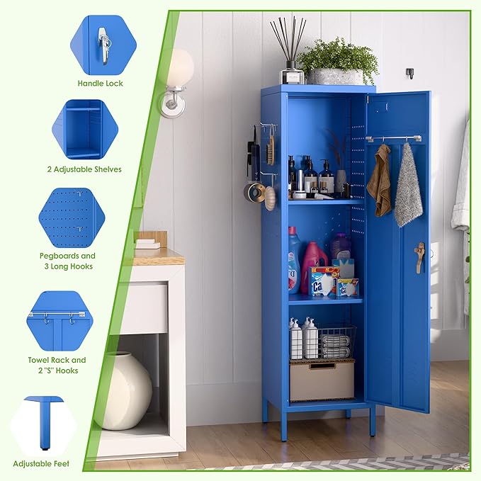 Aobabo Metal Locker, 54" H Metal Storage Locker for Employees, Lockable 1 Door with Towel Rack and 2 Side Pegboards with Hooks for School Office Gym Bedroom, Blue, Assembly Required