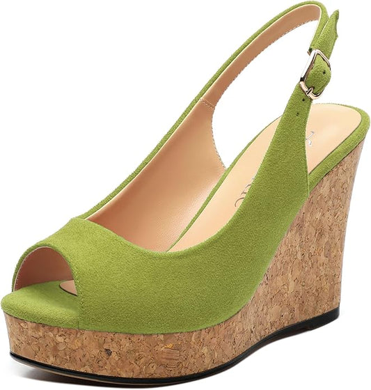 Womens Wedge Platform Sandals Peep Open Toe Slingback Buckle High Heel Dress Shoes Pumps Suede 3.94 Inch