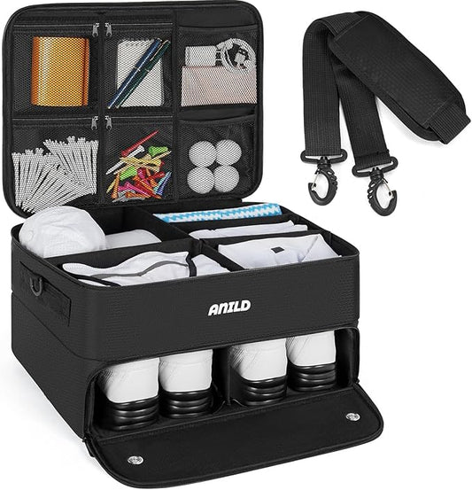 ANILD Golf Trunk Organizer, 2 Layer Golf Storage Case with Separate Ventilated Compartment for 2 Pair Shoes, for Balls, Tees, Clothes, Gloves, Accessories, Golfer Gifts