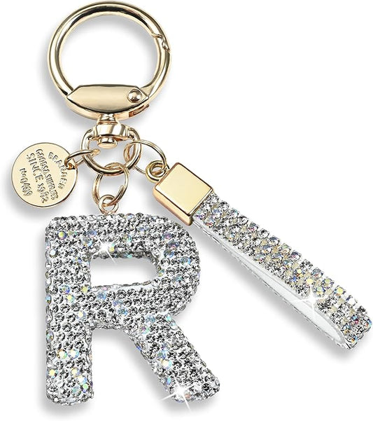 Pink Blue White Initial Letter Keychain Gift for Women Girls Bling Sparkly Cute Backpack Car Key Accessories Lanyard
