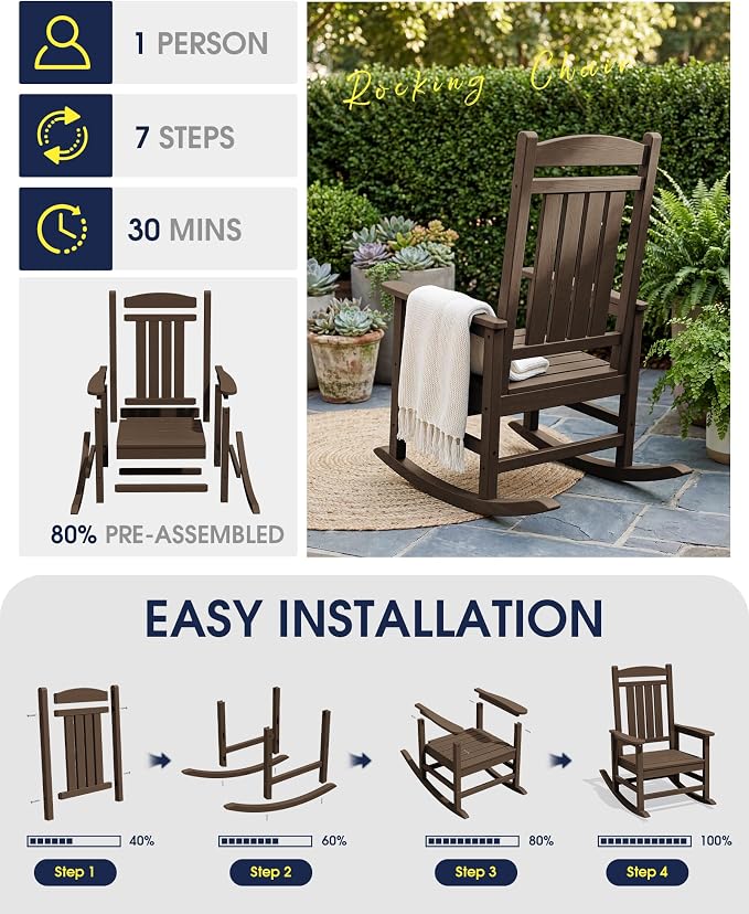 Oversized Outdoor Rocking Chair Set of 6, HDPE Porch Rocker, Coffee | - Image 5