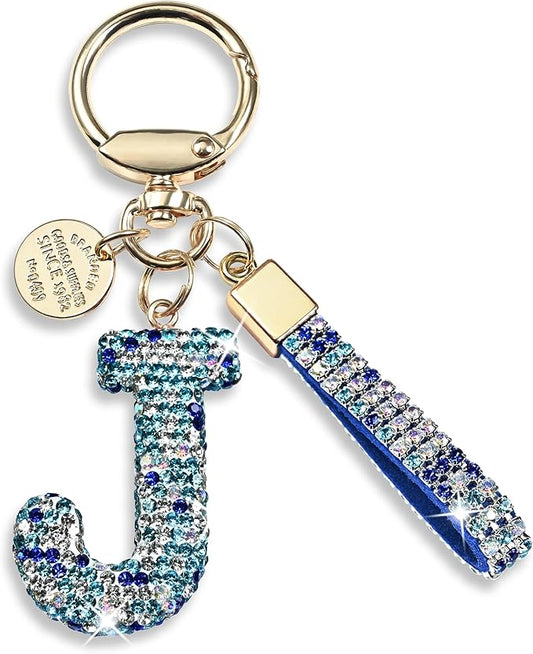 Pink Blue White Initial Letter Keychain Gift for Women Girls Bling Sparkly Cute Backpack Car Key Accessories Lanyard