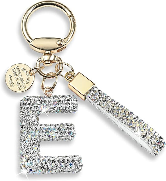 Pink Blue White Initial Letter Keychain Gift for Women Girls Bling Sparkly Cute Backpack Car Key Accessories Lanyard