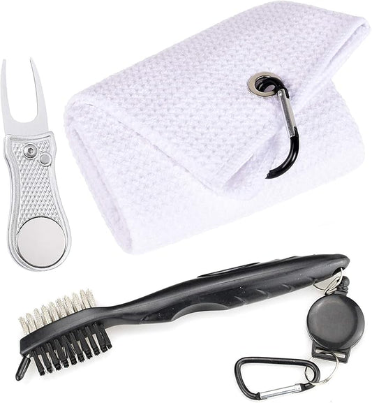 Mile High Life Microfiber Waffle Pattern Golf Towel | Club Groove Cleaner Brush | Foldable Divot Tool with Magnetic Ball Marker (White Towel/Brush/Bone Divot)