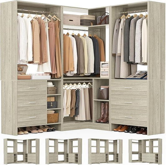 Aheaplus Closet System with 6 Drawers, 4 Hanging Rods & Corner Tower, Corner Closet System with Hanging, 86.8" L-Shaped Walk-In Wardrobe Organizer, 2000+ lbs Capacity, Set of 3, White Oak