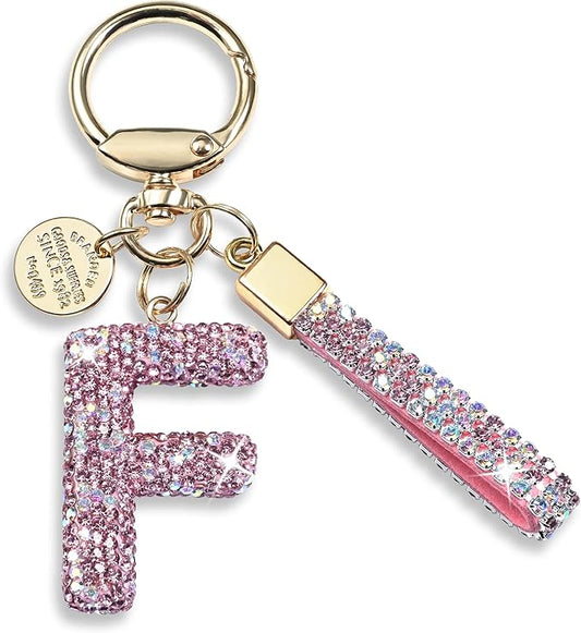 Pink Blue White Initial Letter Keychain Gift for Women Girls Bling Sparkly Cute Backpack Car Key Accessories Lanyard