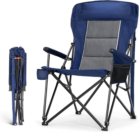 HIGH POINT SPORTS Oversized Camping Chairs for Adults, High Back Heavy Duty Lawn Folding Chair Support 500LBS, Padded Portable Outdoor Chair with Cup Holder, Blue