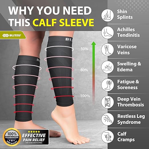 BLITZU 3 Pairs Calf Compression Sleeves for Men and Women. Footless Compression Socks & Leg Support for Running, Travel, Nursing, Fitness. Shin Splints Pain Relief & Reduce Swelling Black S-M