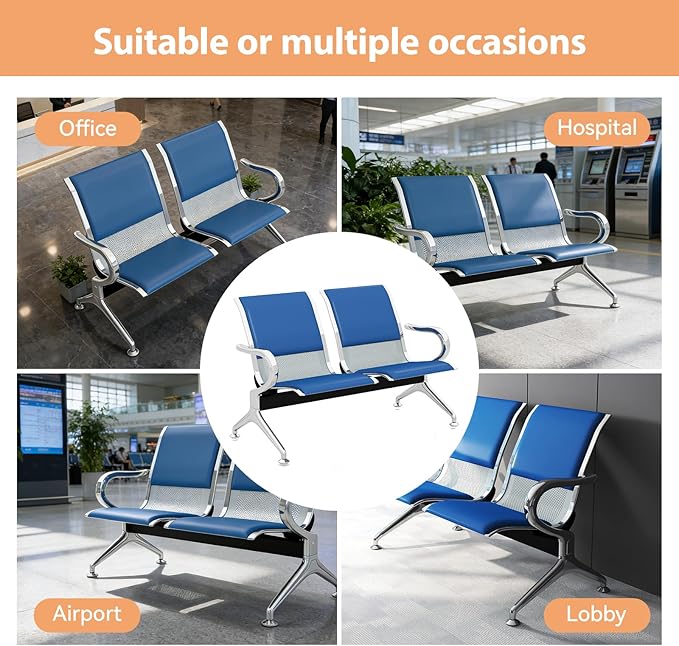 Kinfant 2-Seat PU Leather Waiting Room Bench – Blue Reception Chair for Office, Hospital, Bank, Salon, Airport