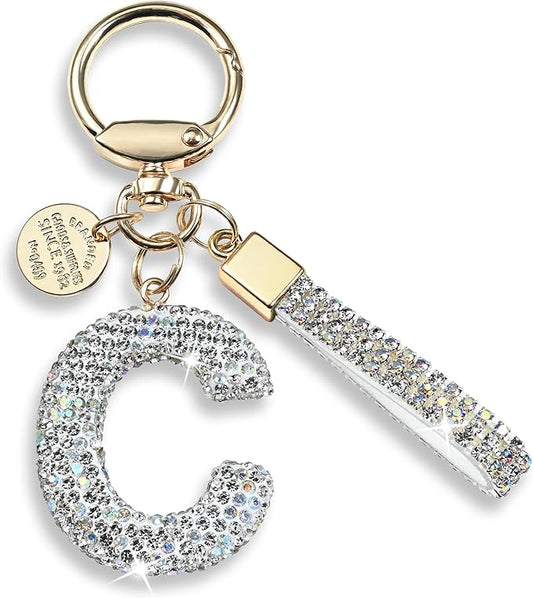 Pink Blue White Initial Letter Keychain Gift for Women Girls Bling Sparkly Cute Backpack Car Key Accessories Lanyard