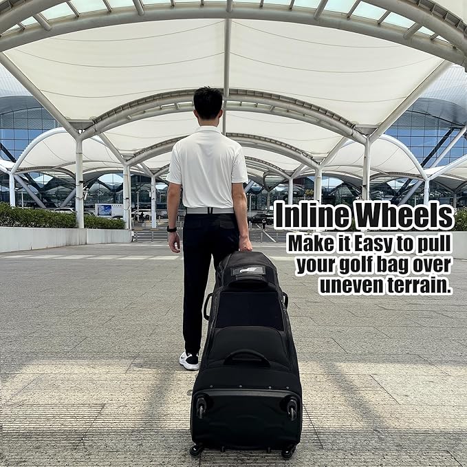 Self Standing Upright All Direction 4 Spinner Swivel Wheel Golf Travel Bag. Soft-Sided Fully Padded Heavy Duty Fabric. Multidirectional Airline Travel Cover Case. Compact Foldable Carry Bag Included.