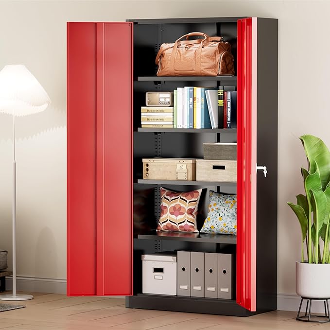 Greenvelly Metal Storage Cabinet with Doors and Shelves, 72”-Inch Locking Metal Cabinet,Garage Storage Cabinet for Garage Office School Warehouse (Black Red)