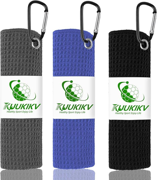 3 Pack 16" X 16" Golf Towels for Golf Bags, Premium Waffle-Pattern Golf Towel with Carabiner Clip, Super Absorbent Microfiber Towel, Golf Accessories for Men, Black-Blue-Gray Colors