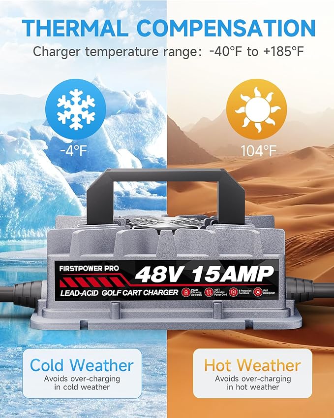 Golf Cart Charger, 48V 15A Golf Cart Battery Charger for Yamaha G29 Drive & Drive 2 Golf Carts, 4-6h Fast Full Charge Trickle Charge, Lead Acid Battery Charger - 3-Pin Leaf Plug, IP67 with Fan Design