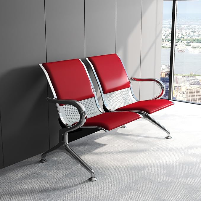 Kinfant 2-Seat PU Leather Waiting Room Bench – Red Reception Chair for Office, Hospital, Bank, Salon, Airport