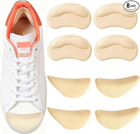 8 Pcs Shoe Fillers & Heel Pads for Loose or Too Big Shoes – Toe Cushions & Heel Grips for Women and Men, Comfort Insoles for Heels, Sneakers, Boots – Pain Relief & Better Fit(Beige)