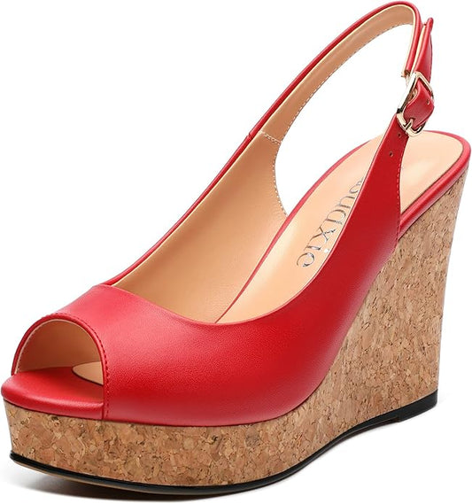 Womens Peep Toe Wedge Heels Matte Fashion Cork Slingback Pumps Platform Wedge Sandals 3.94 Inches