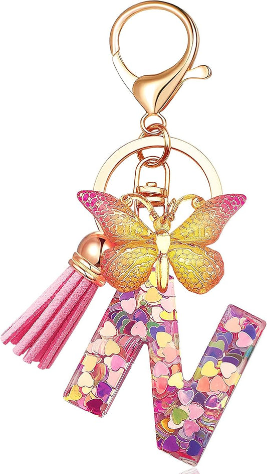 JINGUAZI Initial letter Keychains for Women Tassel Butterfly Pink Purple Cute Car Keychain for Wallet Backpack bag charm