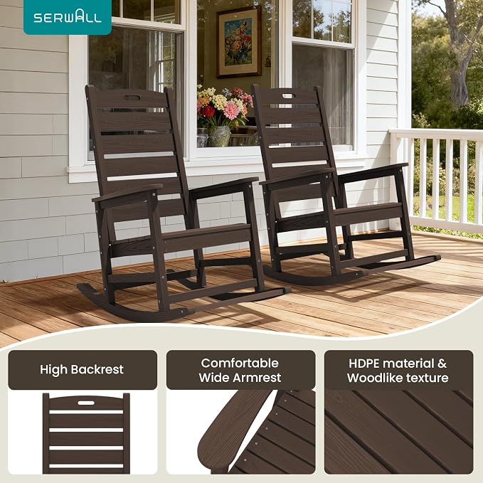 SERWALL Outdoor Rocking Chair Set of 4, Oversized HDPE Rocker, Coffee | - Image 9