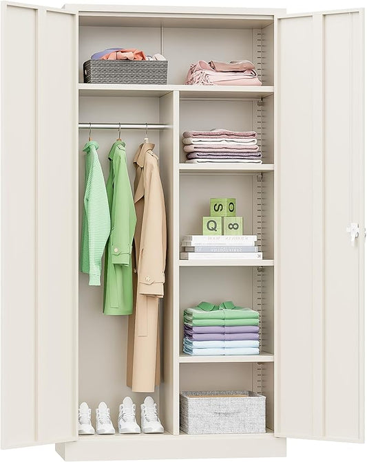 INTERGREAT Metal Wardrobe Closet, 72" Locking Storage Wardrobe Cabinet with Doors and Shelves, 18" D x 36" W Steel Clothes Storage for Office, Home, School, Gym (Warm Grey)