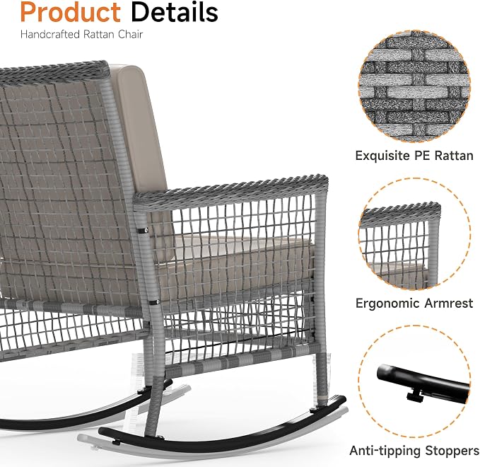 DECMICO 3 Piece Outdoor Rocking Chair Set, Wicker Bistro Furniture | Washable - Image 4