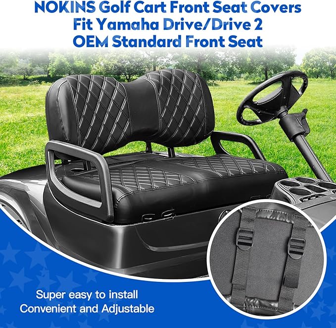 NOKINS Golf Cart Seat Covers for YAMAHA/G29/Drive2, Vinyl Front&Rear Seat Cover with Flip-Up Armrests kit, with Cup Holder, for 1" Square Tube (Black&Black Stitching)