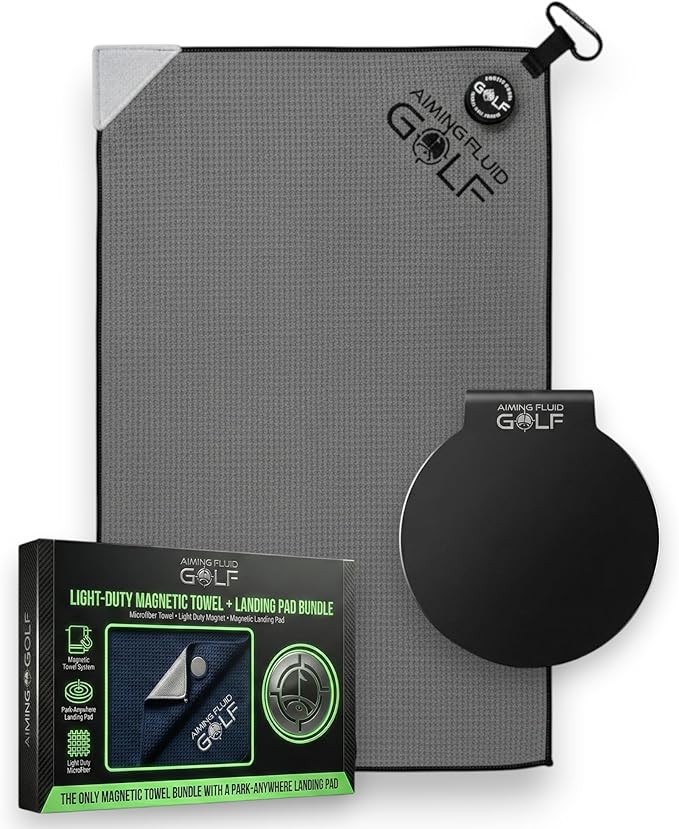Magnetic Golf Towel & Landing Pad Bundle – Premium Microfiber Waffle Weave | Light-Duty Magnet | 3-Stage Cleaning System (Scrub/Wash/Dry) | Universal Magnetic Docking Pad | 16"×24" Towel – Grey