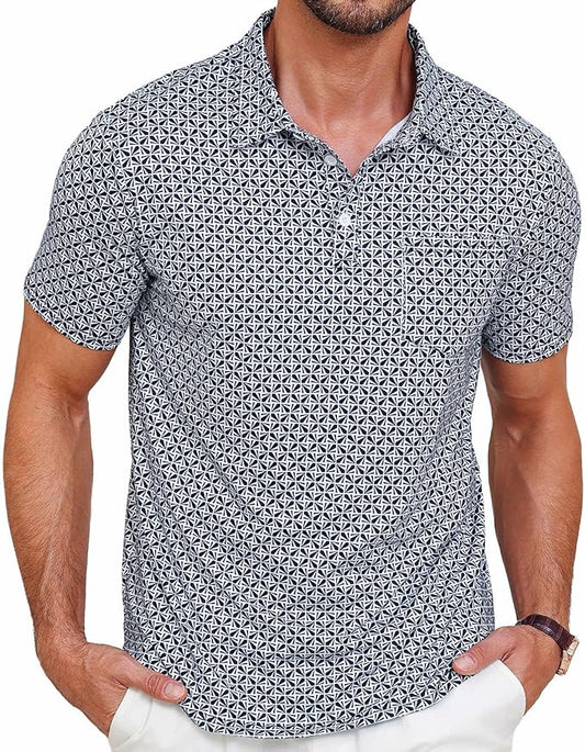 Lexiart Mens Golf Shirt Short Sleeve Dry Fit Print Moisture Wicking Performance Patterns Collared Polo Shirt with Pocket
