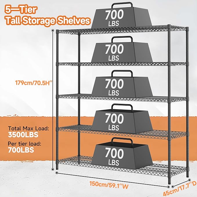 M MZG 3500LBS 59" W 5 Tiers Storage Shelves, Metal Shelving Wire Metal Shelving - Image 3