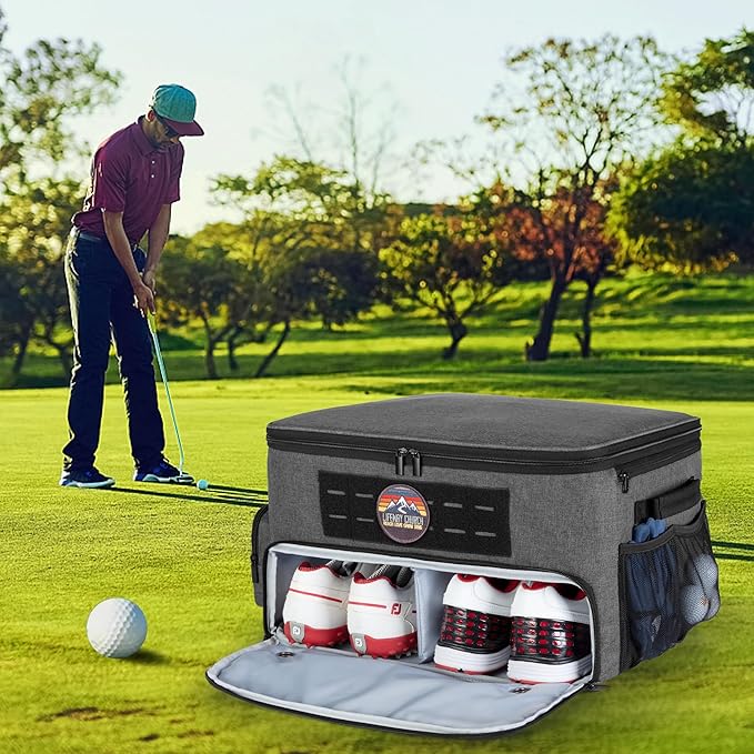 Golf Trunk Organizer Storage with Separate Compartment for 2 Pair Shoes Up to US Mens 16, Golf Car Locker Organizer for Balls, Tees, Clothes, Gloves, Accessories, Grey