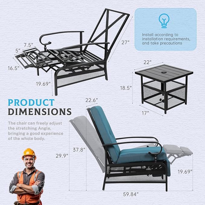Incbruce 3 Pieces Outdoor Lounge Recliner Set, 2 Adjustable Metal Recliner Sofa - Image 3