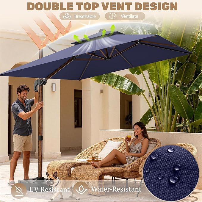 10x13FT Cantilever Outdoor Patio Umbrellas, Double Top Wood Pattern Rectangle - Image 3