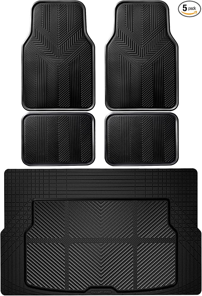 CAR PASS Universal Car Floor Mats & Cargo Liner Full Set, Waterproof Anti-Slip Rubber Trim to Fit Trunk Mats All Weather Protection Fit Car SUV Sedan Coupe Vehicle Automotive 5 Pieces, S-M Size Black