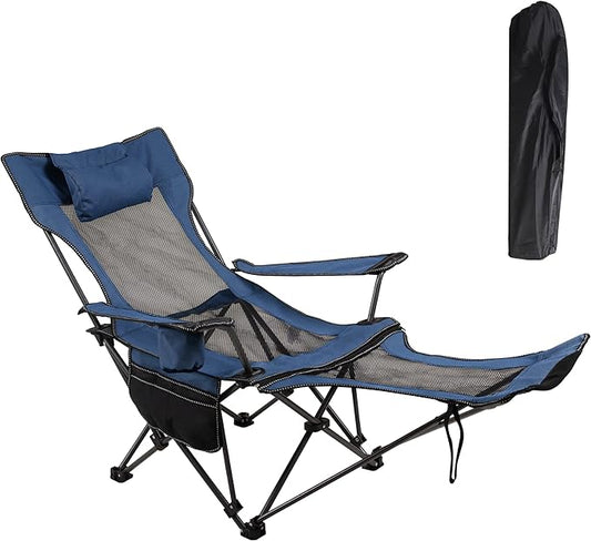 LEADALLWAY Camping Folding Chair with Foot Rest, Collapsible Camp Chair with Cup Holder and Removable Storage Bag, Heavy Duty Beach Chair for Outdoor Camp, Picnic, Travel, Fishing