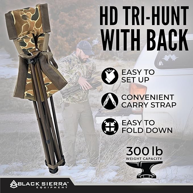Black Sierra HD Tri-Hunt with Back Hunting Stool, Foldable Tripod Seat w/Steel Frame Supports 300-lb, Heavy Duty Fishing Chair Features Cup-Holder & Carry Shoulder Strap, for Camping