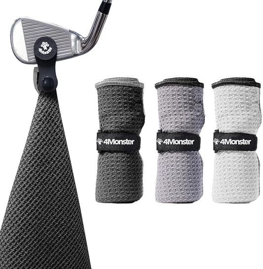 4Monster Golf Towels 3-Pack with Detachable Magnet and Portable Pouch, Quick-Dry Microfiber Golf Towel Set for Golf Bags,Custom Towel Gifts for Men or Women (3, Black/White/Grey)