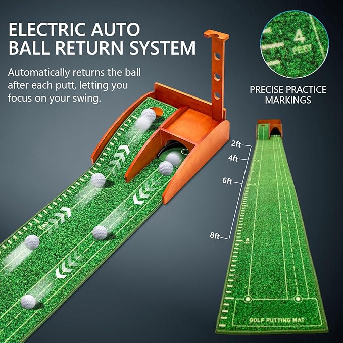 Golf Putting mat with Auto Ball Return, Putting Green Indoor, Crystal Velvet Mat and Solid Wood Base, Game Practice Golf Gifts for Home, Backyard, Office