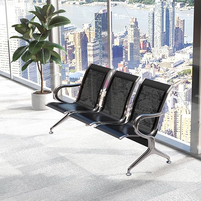 Kinfant Waiting Room Chair Bench - Guest Reception Chairs for Airport Hospital Bank Salon Barber Hall Room Conference (3-seat, Black-Mesh)