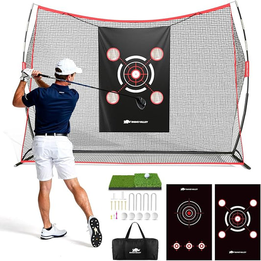 Golf Net, 10×7ft Heavy Duty Golf Hitting Nets with Mat Targets Tees Balls Carry Bag, Golf Practice Equipment Net for Indoor/Outdoor Backyard Driving Chipping Swing Training, Gifts for Men Golfer