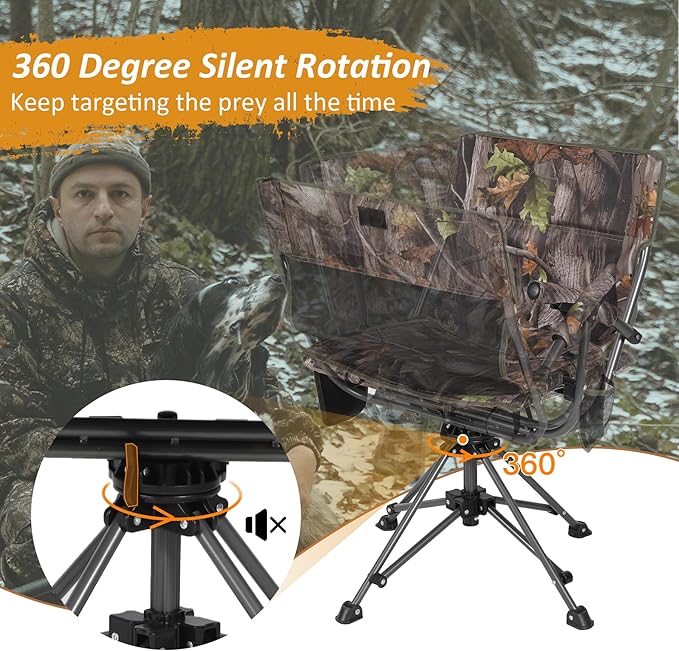 REDCAMP 360° Swivel Heated Hunting Chairs for Ground Blinds, Portable Folding Camo Camping Chairs for Adults Hunting Seats with Hard Arms for Fishing Camping(No Power Bank)
