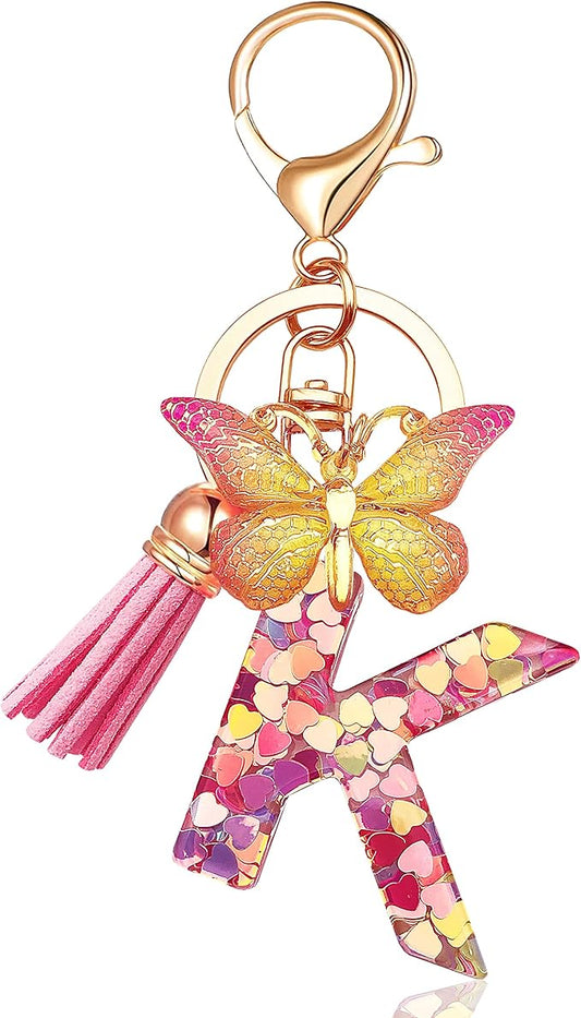 JINGUAZI Initial letter Keychains for Women Tassel Butterfly Pink Purple Cute Car Keychain for Wallet Backpack bag charm