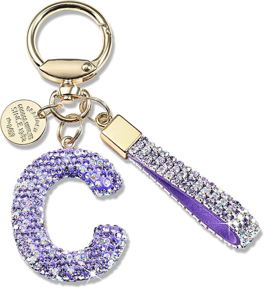 Pink Blue White Initial Letter Keychain Gift for Women Girls Bling Sparkly Cute Backpack Car Key Accessories Lanyard