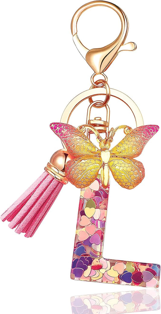 JINGUAZI Initial letter Keychains for Women Tassel Butterfly Pink Purple Cute Car Keychain for Wallet Backpack bag charm