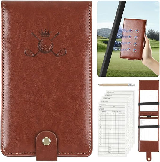 Archerest Magnetic Golf Scorecard Holder, 7.48" x 4.33" Premium Leather Yardage Book Cover Golf with A Pencil and Five Double Sided Printed Scorecards, Golf Accessories and Scorecard Book