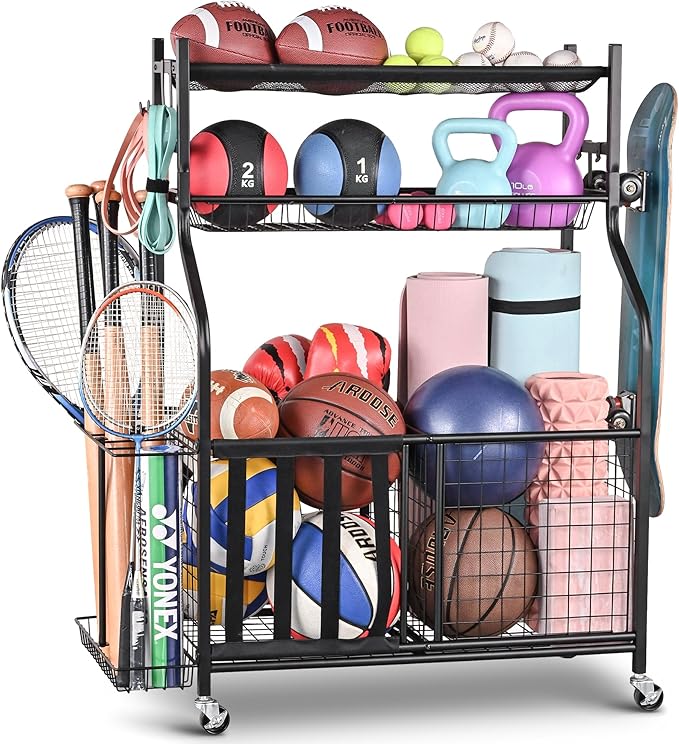 PLKOW Sports Equipment Storage for Garage, Indoor/Outdoor Sports Rack for Garage, Ball Storage Garage Organizer with Basket and Hooks,Toy/Sports Gear Storage