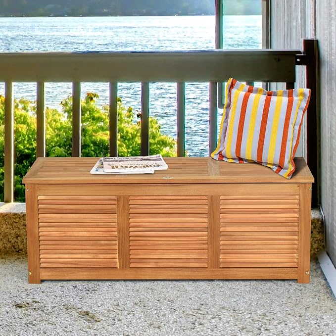 Tangkula 46 Gallon Acacia Wood Deck Box, Garden Backyard Storage Bench - Image 9